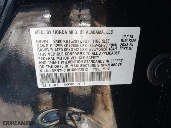 2019 Honda Passport Elite with VIN 5FNYF8H01KB002512, listed as a IAAI auction lot 41605830 with 86,144 mi miles. Bid and sale history available at carsss.com. Image 9.