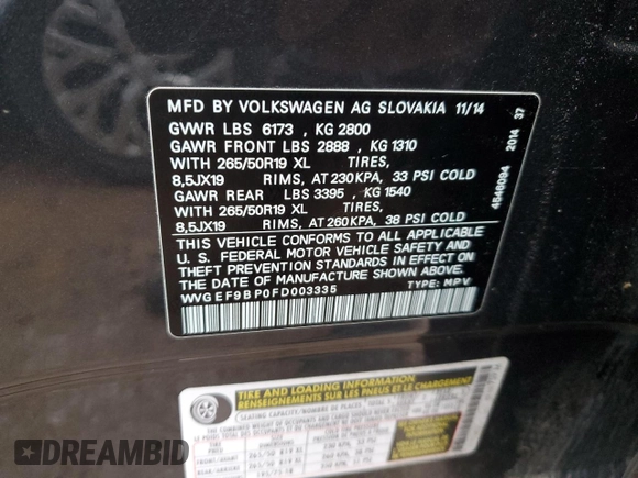 2015 Volkswagen Touareg Sport with VIN WVGEF9BP0FD003335, listed as a Copart auction lot 85151024 with 159,336 mi miles and Clean title. Bid and sale history available at DreamBid. Image 13.