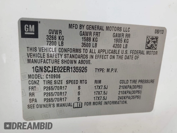 2014 Chevrolet Suburban LT with VIN 1GNSCJE02ER135926, listed as a IAAI auction lot 40675403 with 240,683 mi miles. Bid and sale history available at carsss.com. Image 9.