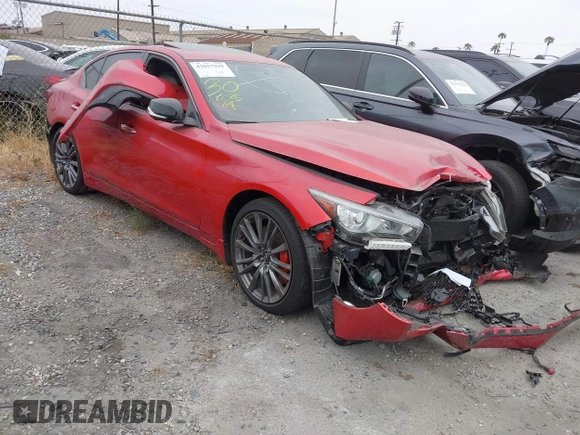 2021 Infiniti Q50 Red Sport 400 with VIN JN1FV7DP7MM850432, listed as a IAAI auction lot 42057935 with 15,936 mi miles and . Bid and sale history available at DreamBid. Image 1.