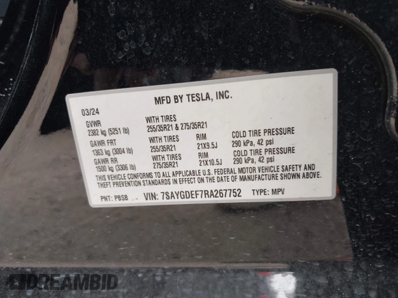 2024 Tesla Model Y Performance z VIN 7SAYGDEF7RA267752, wystawiony jako IAAI lot #42126456 z przebiegiem 21 216 mil mil oraz . Historia ofert i sprzedaży dostępna na DreamBid. Obrazek 9.