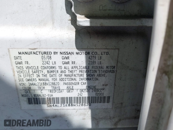 2008 Nissan Altima SL with VIN 1N4AL21E88N528620, listed as a IAAI auction lot 41925867 with 169,781 mi miles and . Bid and sale history available at DreamBid. Image 9.