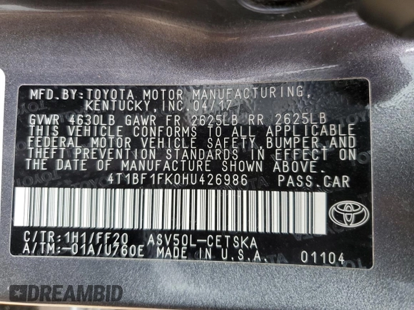 2017 Toyota Camry XLE z VIN 4T1BF1FK0HU426986, wystawiony jako Copart lot #56294715 z przebiegiem 86 159 mil mil oraz Szkoda całkowita • Salvage title. Historia ofert i sprzedaży dostępna na DreamBid. Obrazek 12.