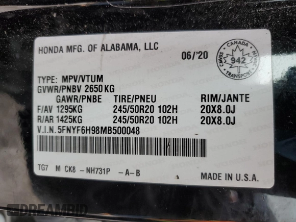 2021 Honda Pilot Touring 8-Passenger with VIN 5FNYF6H98MB500048, listed as a Copart auction lot 46789315 with 89,974 mi miles and Salvage title. Bid and sale history available at DreamBid. Image 13.