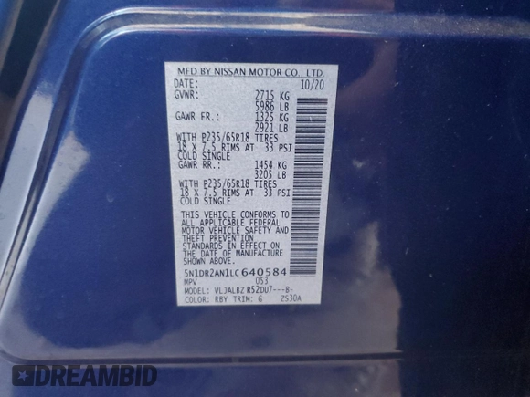 2020 Nissan Pathfinder S z VIN 5N1DR2AN1LC640584, wystawiony jako Copart lot #52399575 z przebiegiem 63 876 mil mil oraz Szkoda całkowita • Salvage title. Historia ofert i sprzedaży dostępna na DreamBid. Obrazek 16.