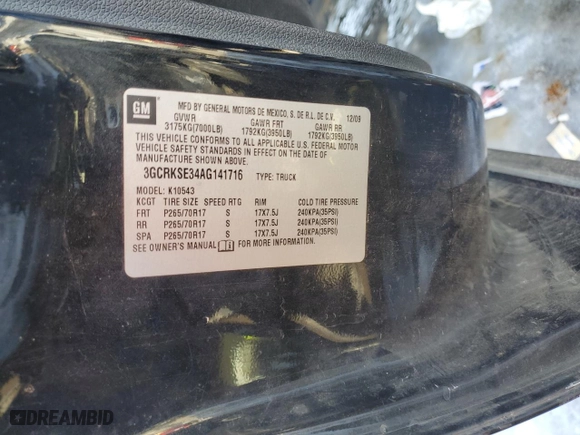 2010 Chevrolet Silverado 1500 LT with VIN 3GCRKSE34AG141716, listed as a Copart auction lot 88708325 with 168,962 mi miles and Non Repairable. Bid and sale history available at carsss.com. Image 12.