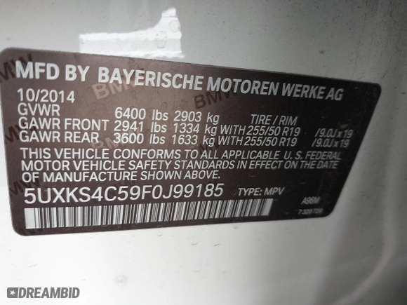 2015 BMW X5 xDrive35d with VIN 5UXKS4C59F0J99185, listed as a IAAI auction lot 41783451 with 78,148 mi miles. Bid and sale history available at carsss.com. Image 9.