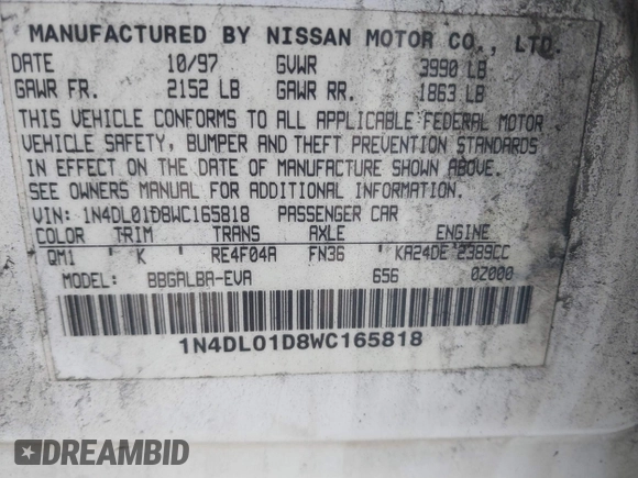 1998 Nissan Altima XE with VIN 1N4DL01D8WC165818, listed as a IAAI auction lot 41658156 with 184,843 mi miles. Bid and sale history available at carsss.com. Image 9.