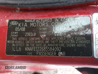 2008 Kia Spectra EX with VIN KNAFE122685584092, listed as a Copart auction lot 55140615 with 217,131 mi miles and Salvage title. Bid and sale history available at DreamBid. Image 12.