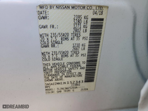 2018 Nissan Murano Platinum with VIN 5N1AZ2MH1JN152343, listed as a Copart auction lot 88139565 with 70,822 mi miles and Salvage Title. Bid and sale history available at carsss.com. Image 13.