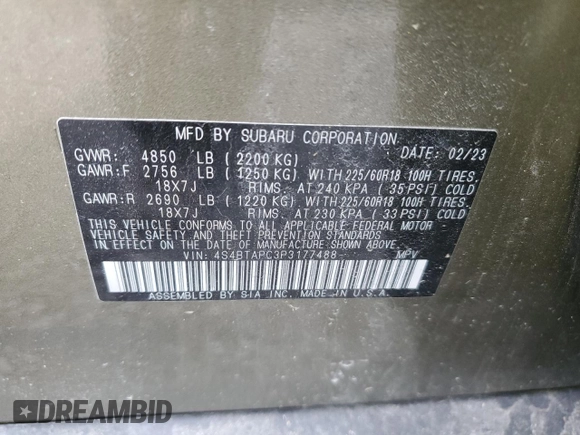 2023 Subaru Outback Touring с VIN 4S4BTAPC3P3177488, выставлен на аукционе Copart как лот 52307445 с пробегом 17 612 миль миль и Списание • Salvage title. История ставок и продаж доступна на DreamBid. Изображение 13.