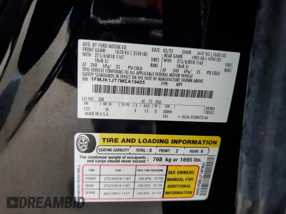 2021 Ford Expedition Max XLT with VIN 1FMJK1JT7MEA19405, listed as a Copart auction lot 43986285 with 94,236 mi miles and Salvage Title. Bid and sale history available at DreamBid. Image 13.
