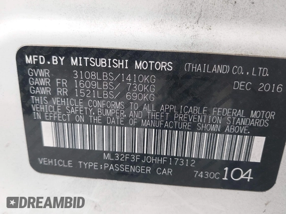 2017 Mitsubishi Mirage ES z VIN ML32F3FJ0HHF17312, wystawiony jako IAAI lot #42146861 z przebiegiem 124 038 mil mil oraz . Historia ofert i sprzedaży dostępna na DreamBid. Obrazek 9.