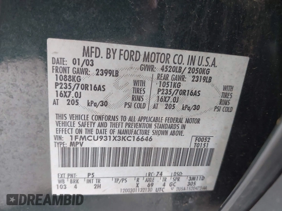 2003 Ford Escape XLT Popular 2 with VIN 1FMCU931X3KC16646, listed as a IAAI auction lot 42160863 with 130,603 mi miles and . Bid and sale history available at DreamBid. Image 9.