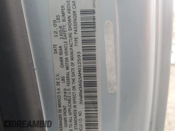 2010 Volkswagen Beetle with VIN 3VWRW3AG3AM012593, listed as a Copart auction lot 42587655 with 86,246 mi miles and Salvage title. Bid and sale history available at DreamBid. Image 12.