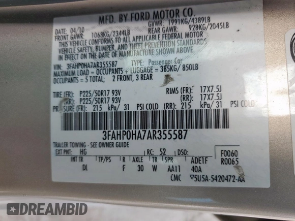 2010 Ford Fusion SE z VIN 3FAHP0HA7AR355587, wystawiony jako Copart lot #53390305 z przebiegiem 160 598 mil mil oraz Czysty tytuł • Clean title. Historia ofert i sprzedaży dostępna na DreamBid. Obrazek 14.