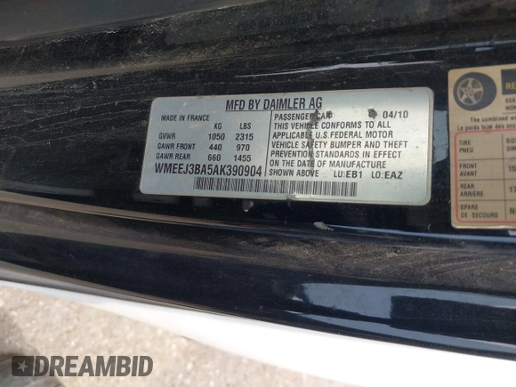 2010 Smart fortwo Pure with VIN WMEEJ3BA5AK390904, listed as a IAAI auction lot 41688922 with Not provided miles and . Bid and sale history available at DreamBid. Image 9.