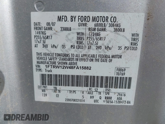 2008 Ford F-150 XL with VIN 1FTRW12W48FA15882, listed as a IAAI auction lot 41968857 with 214,787 mi miles. Bid and sale history available at carsss.com. Image 9.