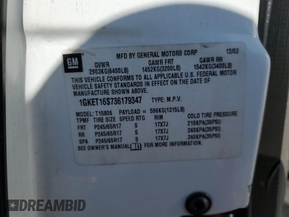 2003 GMC Envoy SLT z VIN 1GKET16S736179347, wystawiony jako Copart lot #52370775 z przebiegiem 230 623 mil mil oraz Szkoda całkowita • Salvage title. Historia ofert i sprzedaży dostępna na DreamBid. Obrazek 16.