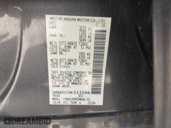 2010 Nissan Titan SE с VIN 1N6BA0ED2AN313506, выставлен на аукционе IAAI как лот 42316096 с пробегом Не указан миль и . История ставок и продаж доступна на DreamBid. Изображение 9.