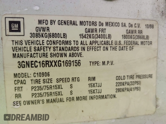 1999 Chevrolet Suburban with VIN 3GNEC16RXXG169156, listed as a IAAI auction lot 41981088 with 229,783 mi miles and . Bid and sale history available at DreamBid. Image 9.