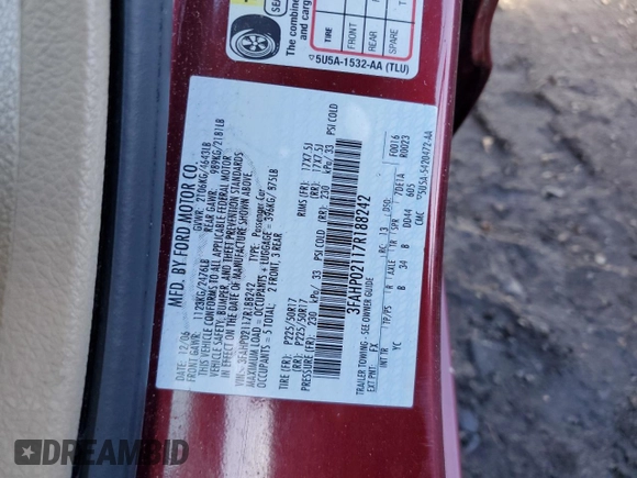 2007 Ford Fusion SEL with VIN 3FAHP02117R188242, listed as a Copart auction lot 47049955 with 117,798 mi miles and Salvage Title. Bid and sale history available at carsss.com. Image 12.