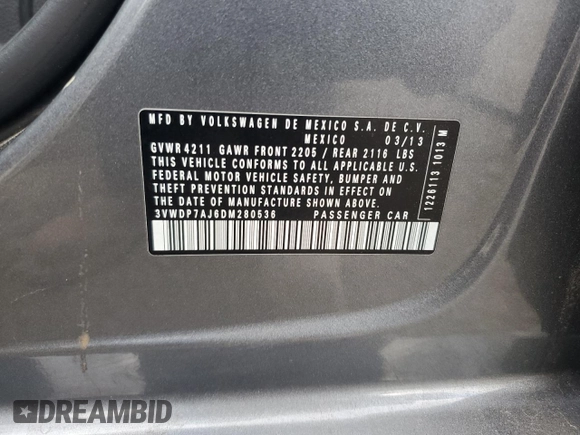 2013 Volkswagen Jetta Sedan SE with VIN 3VWDP7AJ6DM280536, listed as a Copart auction lot 53158385 with 158,160 mi miles and Salvage Title. Bid and sale history available at carsss.com. Image 12.