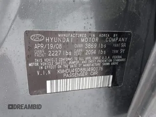 2008 Hyundai Elantra GLS with VIN KMHDU46D88U490176, listed as a IAAI auction lot 42347023 with 86,272 mi miles and . Bid and sale history available at DreamBid. Image 9.