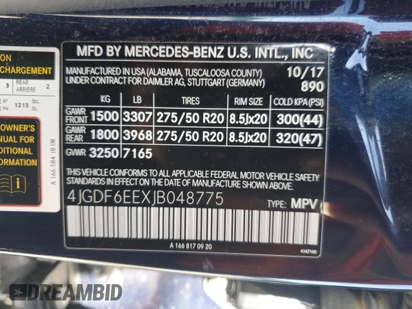 2018 Mercedes-Benz GLS 450 с VIN 4JGDF6EEXJB048775, выставлен на аукционе Copart как лот 62065095 с пробегом Не указан миль и Чистый • Clean title. История ставок и продаж доступна на DreamBid. Изображение 13.