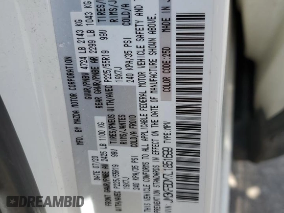 2020 Mazda CX-5 Grand Touring with VIN JM3KFBDM7L1851699, listed as a Copart auction lot 56475715 with Not Provided miles and Salvage Title. Bid and sale history available at DreamBid. Image 13.