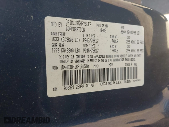 2006 Dodge Durango SXT with VIN 1D4HB38N16F101510, listed as a IAAI auction lot 41960996 with 332,147 mi miles and . Bid and sale history available at DreamBid. Image 9.