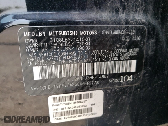 2017 Mitsubishi Mirage ES with VIN ML32F3FJ3HHF14887, listed as a Copart auction lot 59653935 with 115,787 mi miles and Clean title. Bid and sale history available at DreamBid. Image 12.