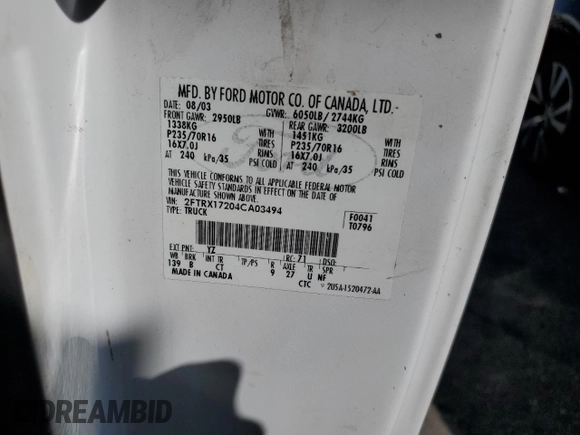 2004 Ford F-150 XL with VIN 2FTRX17204CA03494, listed as a Copart auction lot 59884165 with 226,973 mi miles and Salvage title. Bid and sale history available at DreamBid. Image 12.