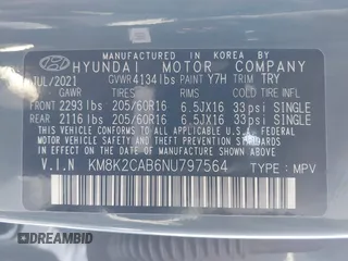 2022 Hyundai Kona SE with VIN KM8K2CAB6NU797564, listed as a IAAI auction lot 41638073 with 47,966 mi miles and . Bid and sale history available at DreamBid. Image 9.