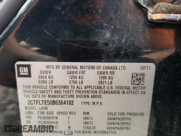 2011 GMC Terrain SLE-2 with VIN 2CTFLTE50B6364182, listed as a Copart auction lot 53765685 with 70,690 mi miles and Clean title. Bid and sale history available at DreamBid. Image 13.