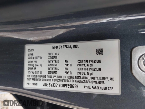 2023 Tesla Model 3 Performance with VIN 5YJ3E1EC6PF590739, listed as a IAAI auction lot 40919165 with 20,474 mi miles. Bid and sale history available at carsss.com. Image 9.