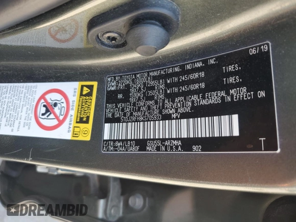 2019 Toyota Highlander SE z VIN 5TDJZRFH8KS705933, wystawiony jako Copart lot #61990425 z przebiegiem 65 839 mil mil oraz Szkoda całkowita • Salvage title. Historia ofert i sprzedaży dostępna na DreamBid. Obrazek 14.