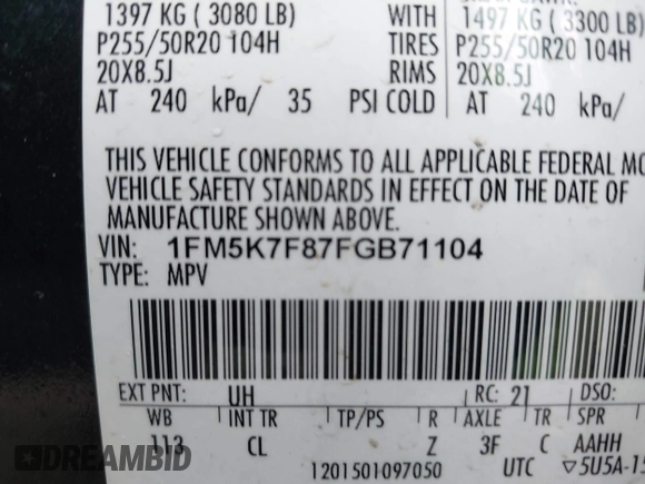 2015 Ford Explorer Limited with VIN 1FM5K7F87FGB71104, listed as a IAAI auction lot 41834277 with 151,060 mi miles and . Bid and sale history available at carsss.com. Image 9.