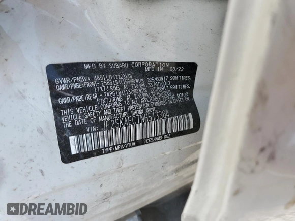 2022 Subaru Forester Premium with VIN JF2SKAEC7NH513364, listed as a Copart auction lot 58632355 with Not provided miles and Salvage title. Bid and sale history available at DreamBid. Image 13.