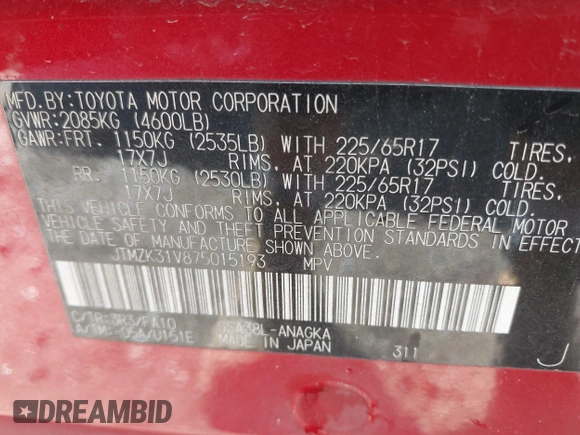 2007 Toyota RAV4 Limited with VIN JTMZK31V875015193, listed as a IAAI auction lot 41479869 with 180,144 mi miles. Bid and sale history available at carsss.com. Image 9.