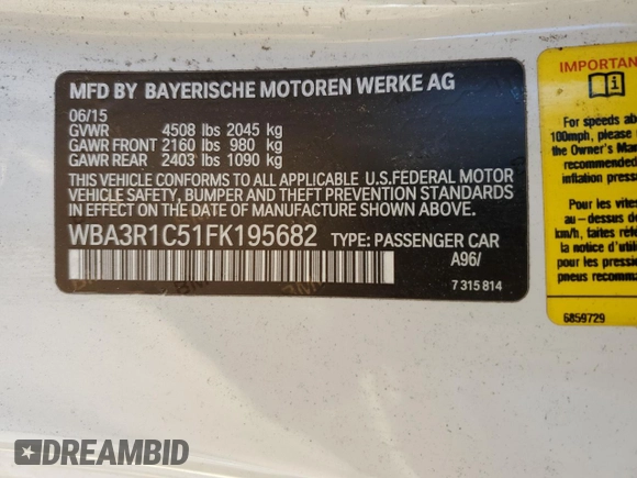 2015 BMW 4 Series 435i with VIN WBA3R1C51FK195682, listed as a Copart auction lot 47135775 with 116,502 mi miles and Salvage title. Bid and sale history available at DreamBid. Image 12.