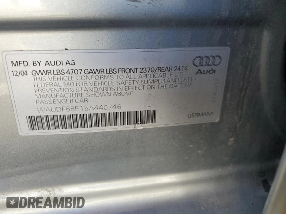 2005 Audi A4 2.0T with VIN WAUDF68E15A440746, listed as a Copart auction lot 49156485 with 0 mi miles and Clean Title. Bid and sale history available at carsss.com. Image 12.