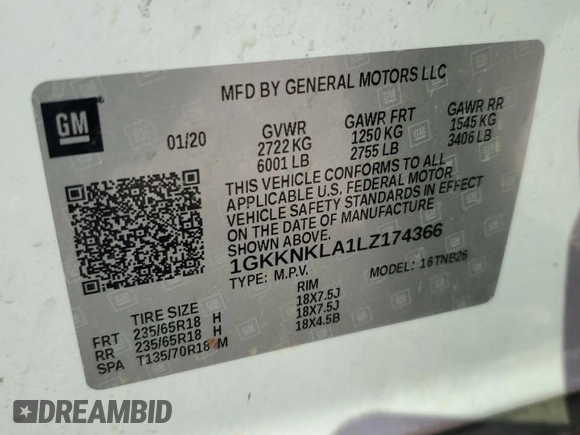 2020 GMC Acadia SLE z VIN 1GKKNKLA1LZ174366, wystawiony jako Copart lot #51362935 z przebiegiem 121 957 mil mil oraz Szkoda całkowita • Salvage title. Historia ofert i sprzedaży dostępna na DreamBid. Obrazek 15.