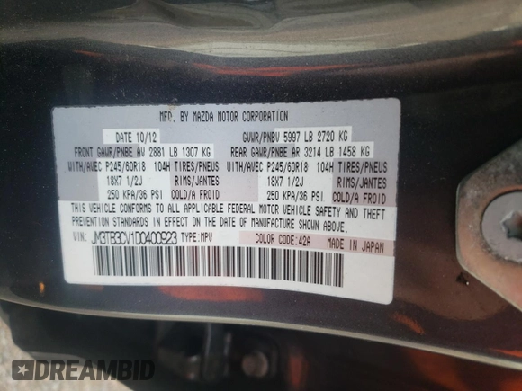 2013 Mazda CX-9 Touring with VIN JM3TB3CV1D0400923, listed as a Copart auction lot 51704285 with 141,436 mi miles and Clean Title. Bid and sale history available at carsss.com. Image 13.