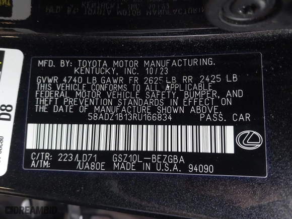 2024 Lexus ES with VIN 58ADZ1B13RU166834, listed as a IAAI auction lot 41180172 with 17,626 mi miles. Bid and sale history available at carsss.com. Image 9.