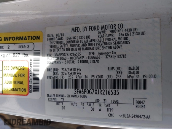 2018 Ford Fusion S with VIN 3FA6P0G7XJR216535, listed as a IAAI auction lot 41640799 with 183,932 mi miles. Bid and sale history available at carsss.com. Image 9.