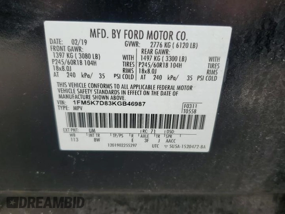2019 Ford Explorer XLT with VIN 1FM5K7D83KGB46987, listed as a Copart auction lot 60567275 with 74,513 mi miles and Clean title. Bid and sale history available at DreamBid. Image 14.