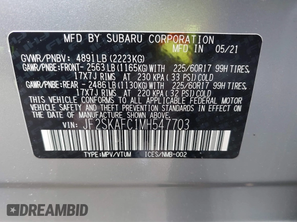 2021 Subaru Forester Premium with VIN JF2SKAFC1MH547703, listed as a IAAI auction lot 41902099 with 8,101 mi miles. Bid and sale history available at carsss.com. Image 9.