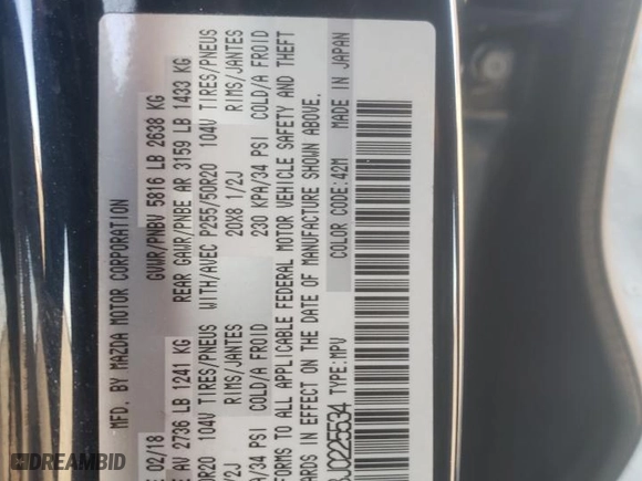 2018 Mazda CX-9 Grand Touring with VIN JM3TCBDY8J0225534, listed as a Copart auction lot 41860345 with 95,951 mi miles and Salvage Title. Bid and sale history available at carsss.com. Image 13.