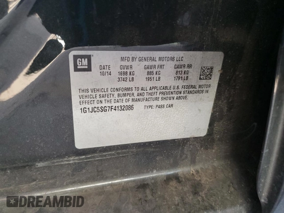 2015 Chevrolet Sonic LT with VIN 1G1JC5SG7F4132086, listed as a Copart auction lot 63196045 with 67,846 mi miles and Salvage title. Bid and sale history available at DreamBid. Image 13.